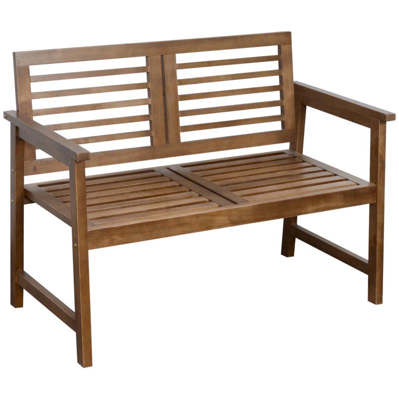 Brown Wooden Outdoor Patio Loveseat Bench with Backrest and Armrest