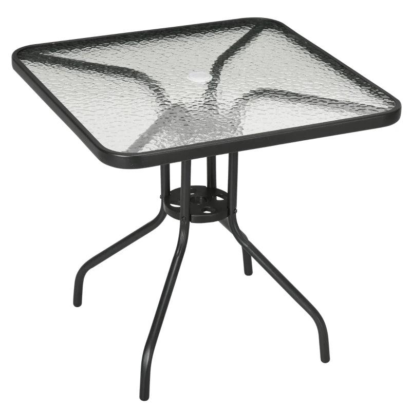 Square Glass Top Patio Dining Table, Steel Frame, Umbrella Hole, 76x76cm, Black