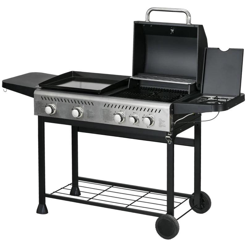 15kW Deluxe Gas BBQ with Grill, Plancha, Side Burner - Black