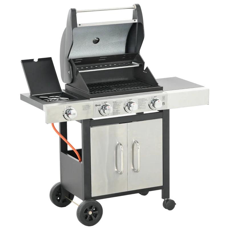 3-Burner Gas BBQ Grill with Smoker, Side Burner, and Storage Cabinet - Stainless Steel/Metal