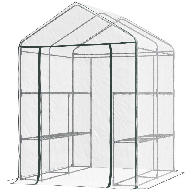 3-Tier Green Walk-in Greenhouse with Roll-up Door, Steel Frame, 143x143x195cm