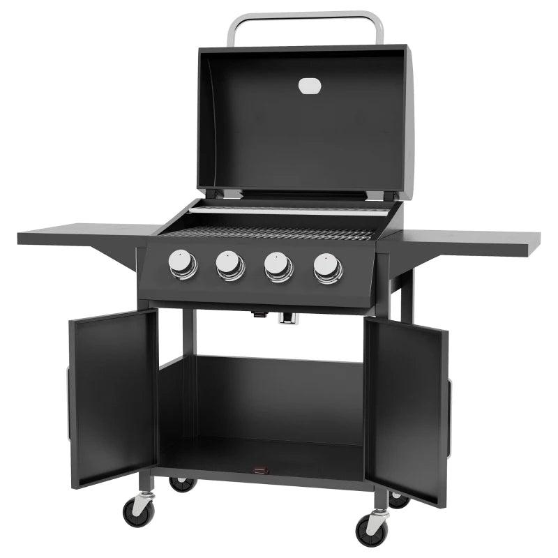 4-Burner Gas BBQ Grill in Black with Warming Rack & Storage