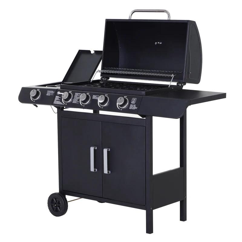 5-Burner 4+1 Black Gas BBQ Grill with Smoker and Side Table - Outdoor Barbecue Trolley with Wheels, Warming Rack, Side Shelves, Cabinet, Thermometer