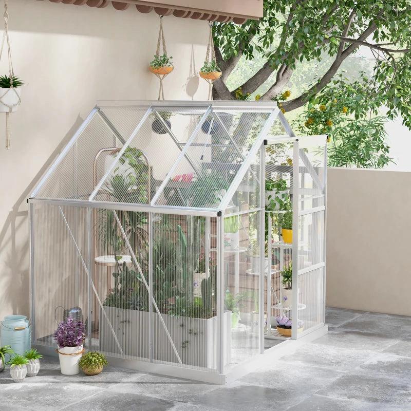 6x6ft Silver Polycarbonate Walk-In Greenhouse with Sliding Door
