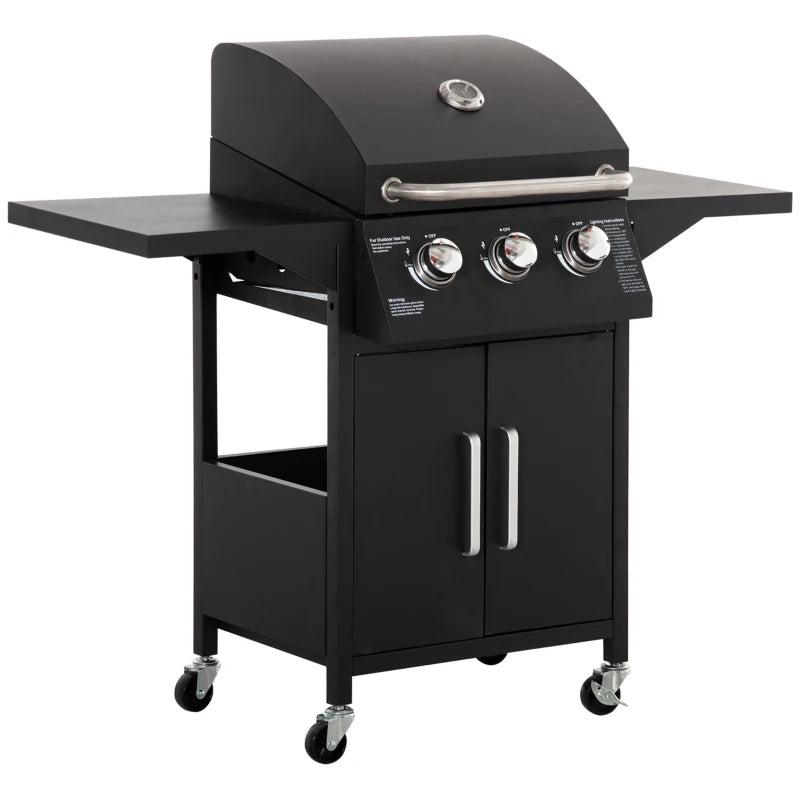 Black 3-Burner Gas BBQ Grill with Side Shelves & Storage Cabinet
