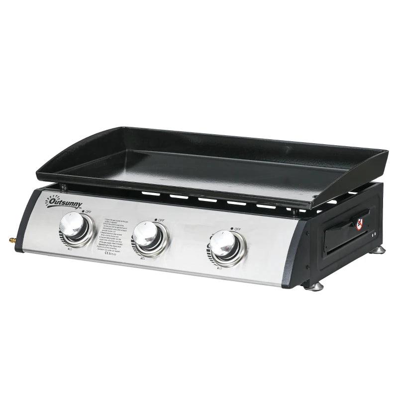 Black 3-Burner Gas Plancha BBQ Grill with Lid