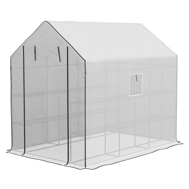 White 3-Tier Walk-in Greenhouse with PE Cover, Roll-up Door, and Mesh Windows