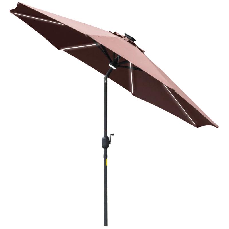2.7m Solar LED Patio Umbrella with Crank Tilt - Coffee Brown
