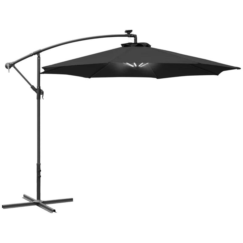 Black 3m LED Cantilever Patio Umbrella with Crank Cross Base