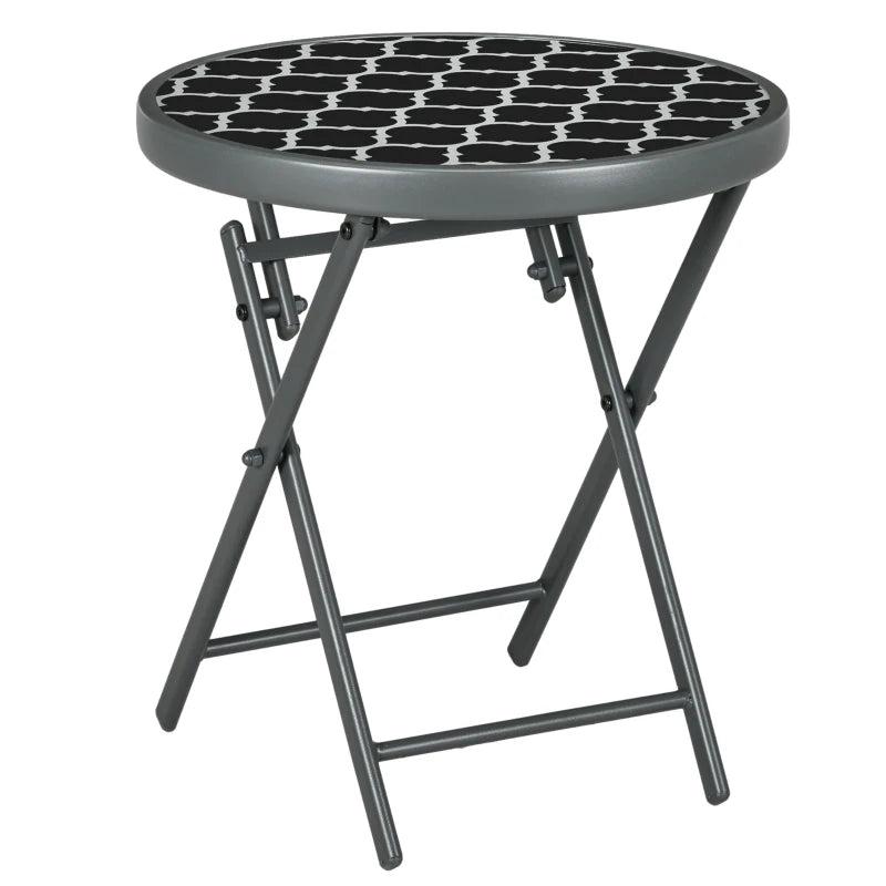 45cm Round Garden Side Table - Outdoor Folding Patio Table with Imitation Marble Glass Top - Black & White Coffee Table