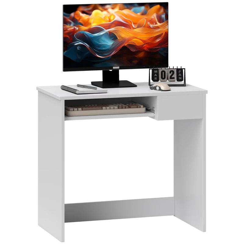 80cm Compact Computer Desk with Keyboard Tray & Drawer - Stylish Home Office Desk for Bedroom Study, White Finish