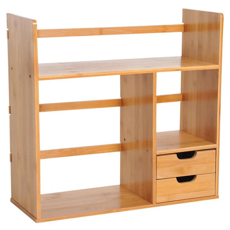 Bamboo Desk Organiser with 2 Drawers - Versatile Desktop Bookshelf & Stationery Storage Shelf for Documents