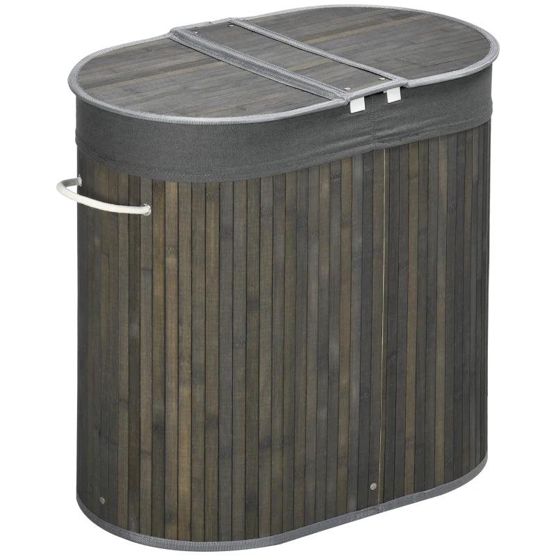 Bamboo Laundry Basket with Lid - 100L Hamper, 2 Sections, Removable Washable Lining, Grey, 62.5x37x60.5cm