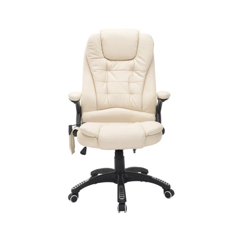 Beige 6-Point Massage Office Chair with Heated Seat - PU Leather High Back Executive Desk Chair, Adjustable Height & 360 Swivel