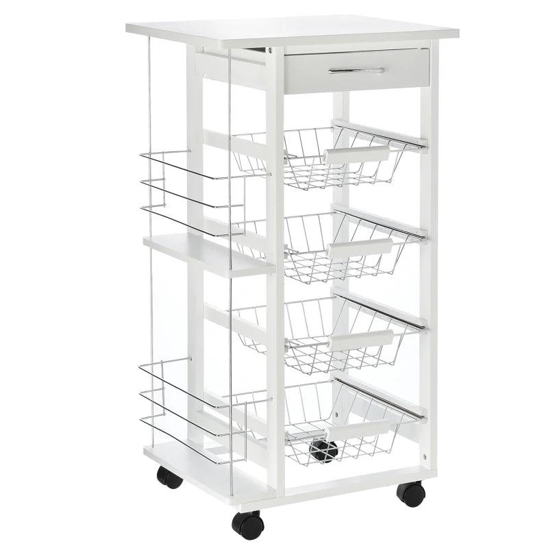Rolling Kitchen Cart with 4 Basket Drawers & Side Racks - Mobile Utility Storage Cart on Wheels for Dining Room - White