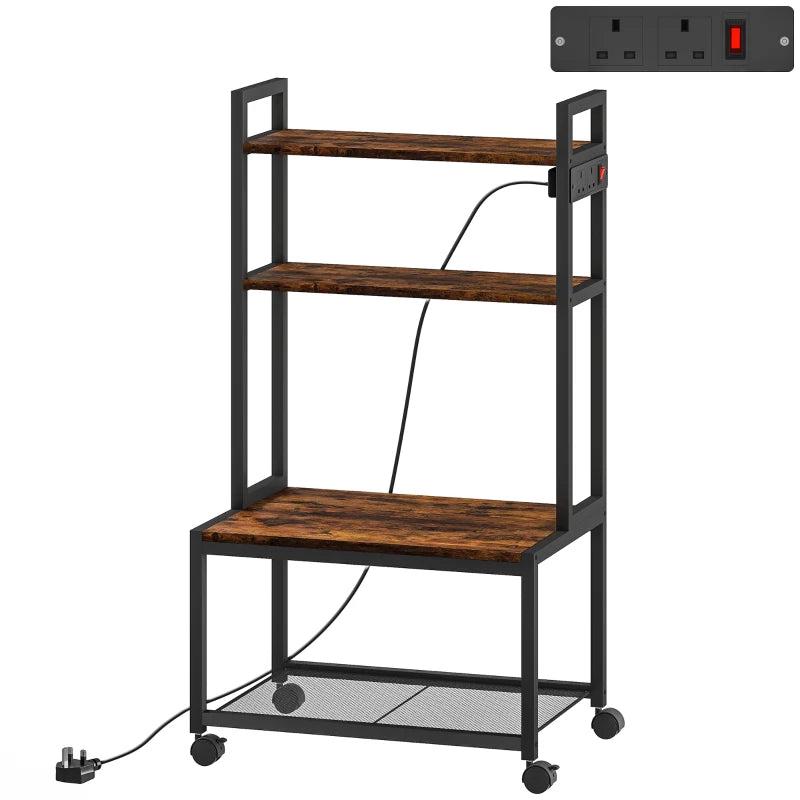 Rustic Brown 4-Tier Printer Stand with Power Outlets & Wheels - Mobile Office Storage Solution