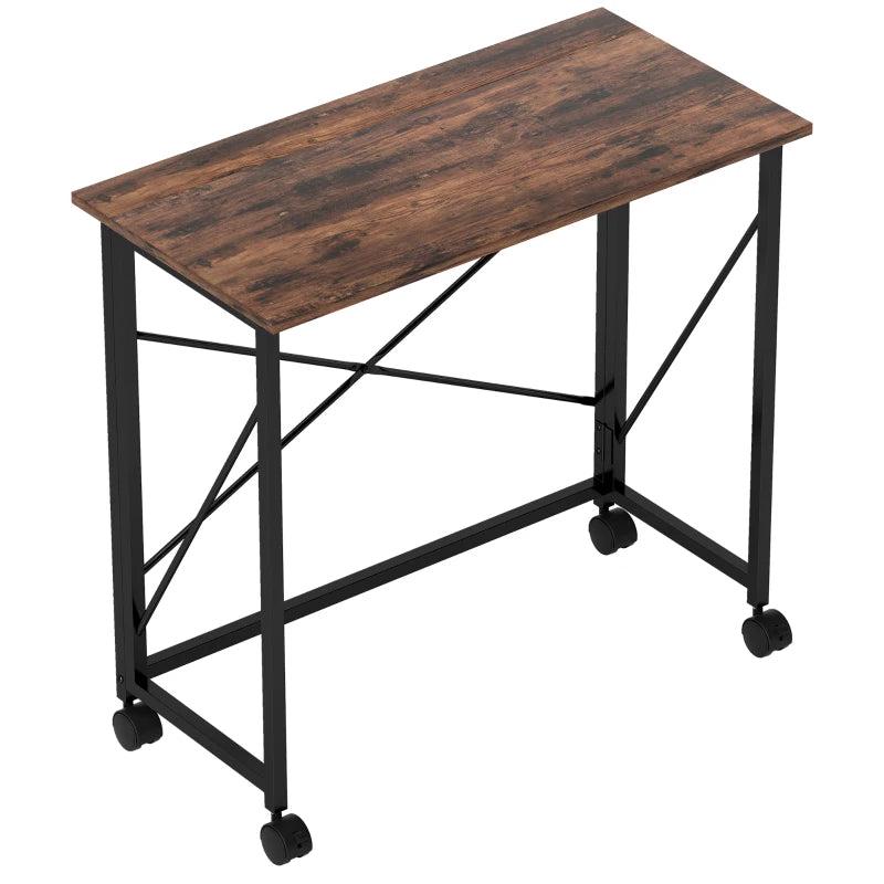 Rustic Brown 80 cm Folding Desk on Wheels - Space-Saving, Portable Workstation for Home Office & Study