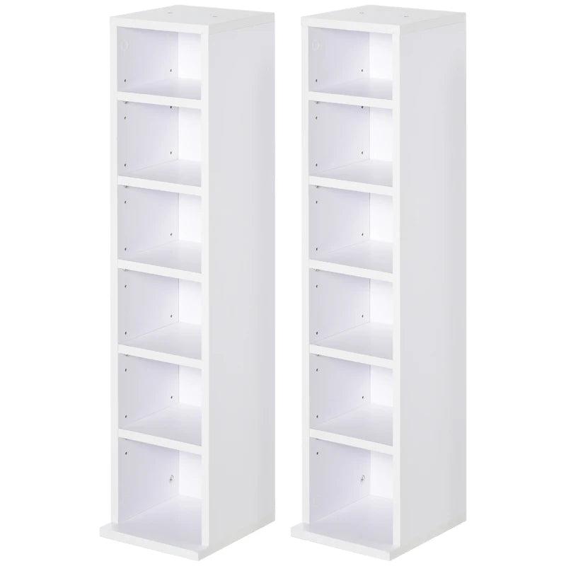 Set of 2 White CD Media Display Shelves - Adjustable Blu-Ray Tower Rack & Bookcase Storage Organizer