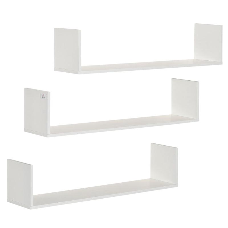Set of 3 White Wooden U-Shaped Floating Shelves - Wall Mounted Bookshelf for Bedroom, Living Room, Kitchen Storage & Display