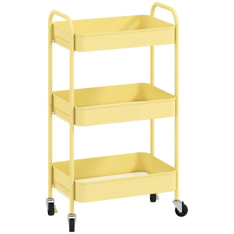 Three-Tier Yellow Steel Storage Trolley - Durable, Versatile Organizer for Home, Office, Kitchen & Garage