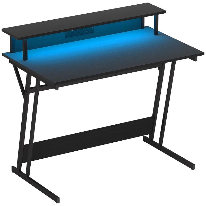 Two-Level LED Gaming Desk - Black | Modern Ergonomic Design with RGB Lighting for Ultimate Gaming Experience