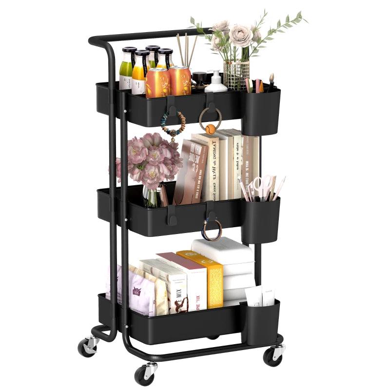 Versatile Black Three-Tier Home Trolley with Handle & Wheels - Perfect for Kitchen, Living Room, or Office Storage