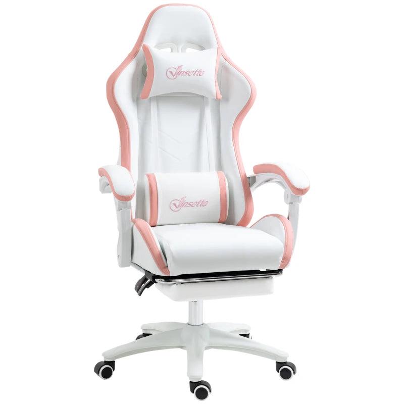 Vinsetto White & Pink Gaming Chair with Footrest, 135 Recline, Lumbar Support, Swivel Wheels - PU Leather Office Desk Chair