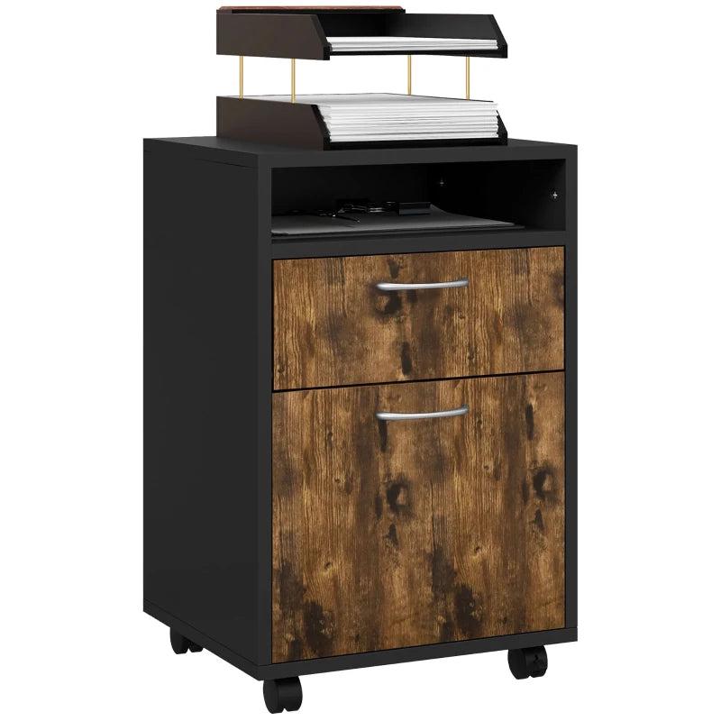 60cm Rustic Brown Filing Cabinet with Drawer & Open Shelf, Mobile Office Organizer on 4 Wheels, Metal Handles