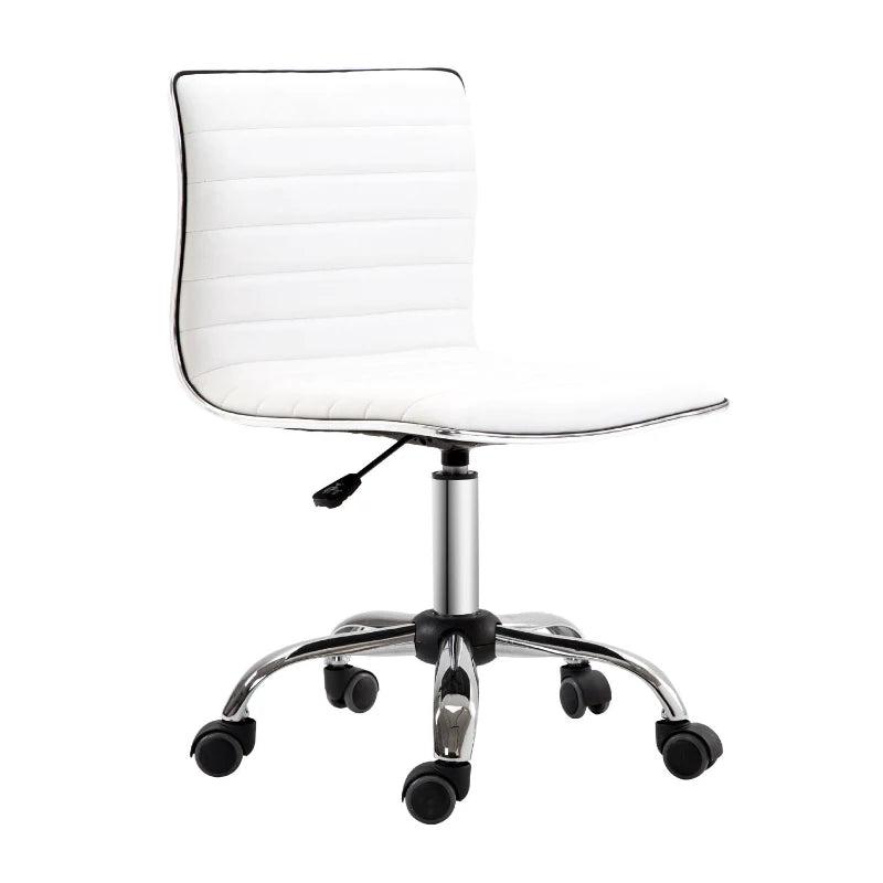 Adjustable Swivel Office Chair - Armless Mid-Back Design in White PU Leather with Chrome Base for Modern Workspaces