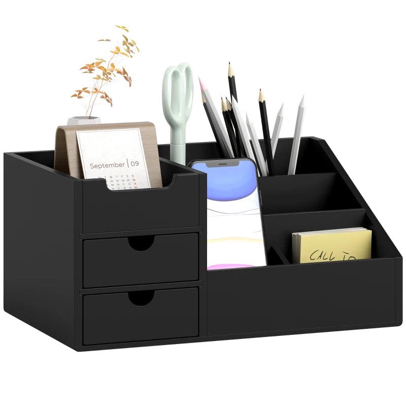 Bamboo Desk Organiser Holder - Multi-Function Storage Caddy with 7 Compartments & 2 Drawers for Home Office Supplies - Black