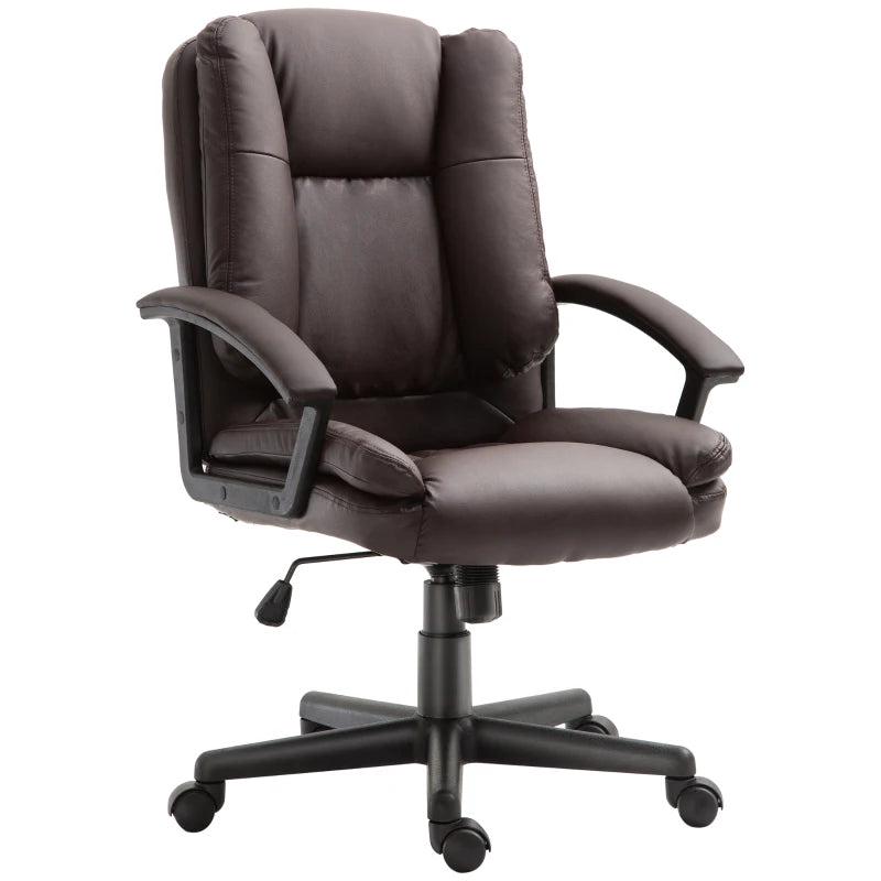 Brown PU Leather Mid Back Office Chair - Adjustable Height, Swivel Rolling Wheels - Ideal for Home Study & Computer Desk