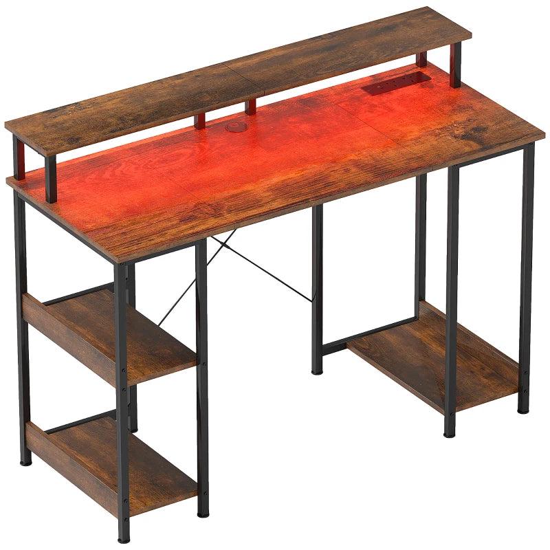 Rustic Brown LED Computer Desk with Power Outlets & Shelves - Modern Home Office Furniture for Productivity