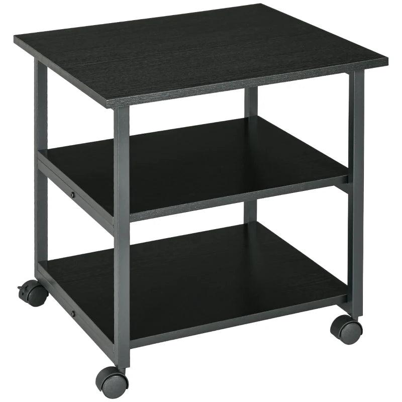 Three-Tier Black Steel Printer Stand on Wheels - Mobile Storage Solution for Home Office & Workspace