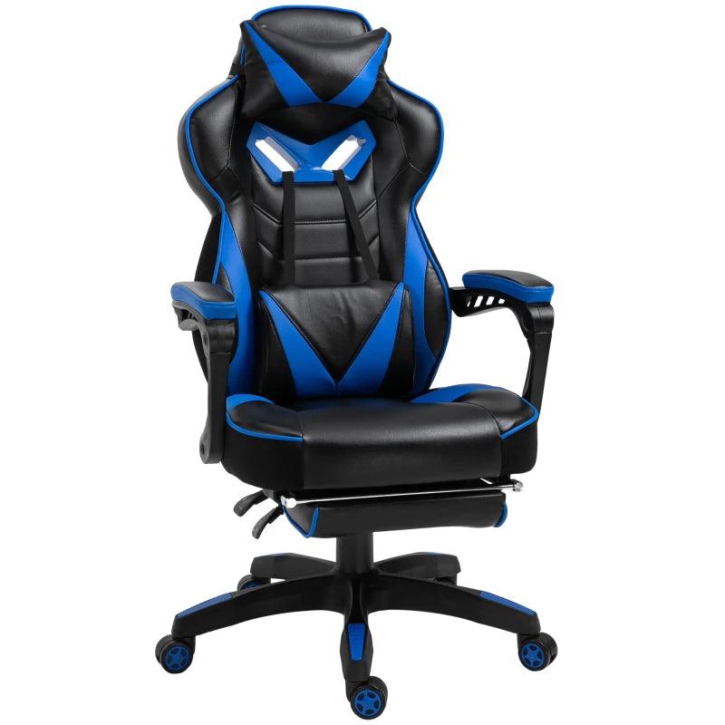 Vinsetto Blue/Black Faux Leather Reclining Gaming Chair with Footrest - Ergonomic Comfort for Gamers