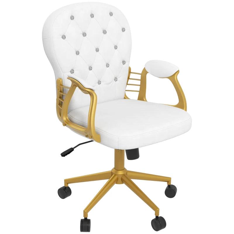 Vinsetto Cream White Height Adjustable Office Chair - Button Tufted Computer Chair with Padded Armrests & Tilt Function