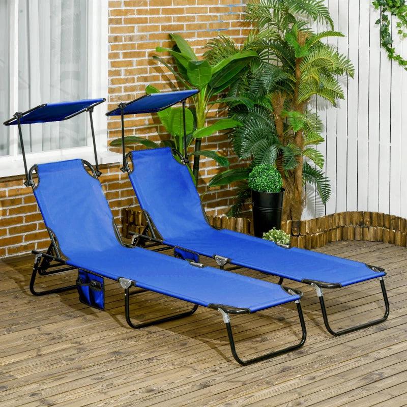 2 Piece Blue Folding Sun Loungers with Canopy - Adjustable Recliner Garden Chairs with Side Pocket, Steel Frame and Breathable Mesh for Outdoor, Pool, Beach, Garden