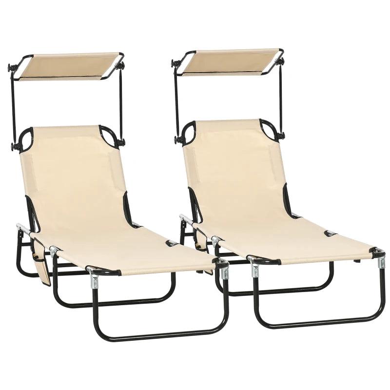 2 Piece Tan Brown Folding Sun Loungers with Canopy - Adjustable Recliner Garden Chairs with Side Pocket, Steel Frame and Breathable Mesh for Outdoor, Pool, Beach, Garden