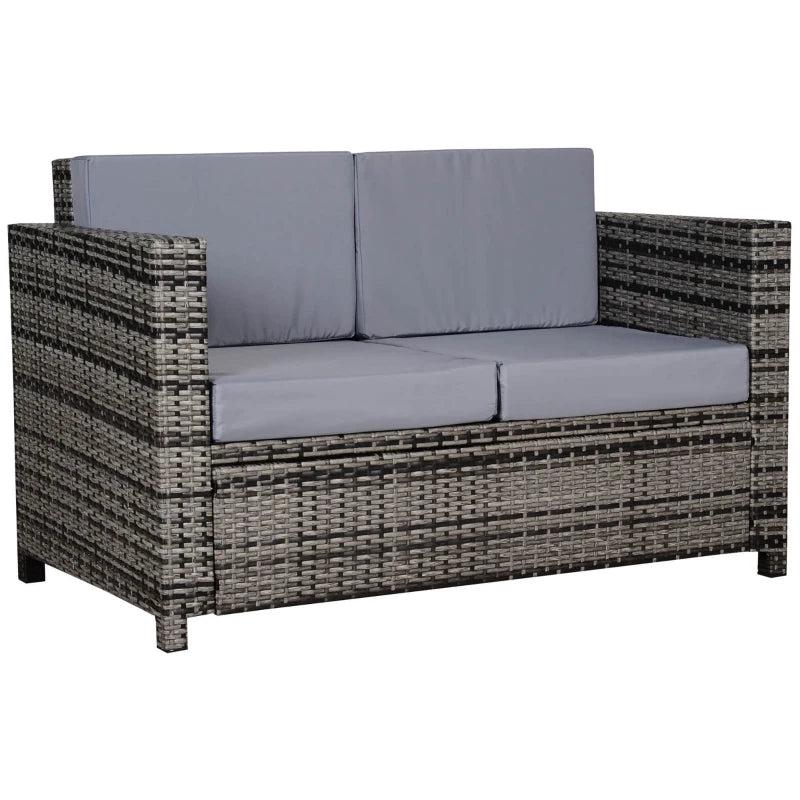 2 Seater Rattan Sofa in Mixed Grey - Soft Padded Cushion & Armrests