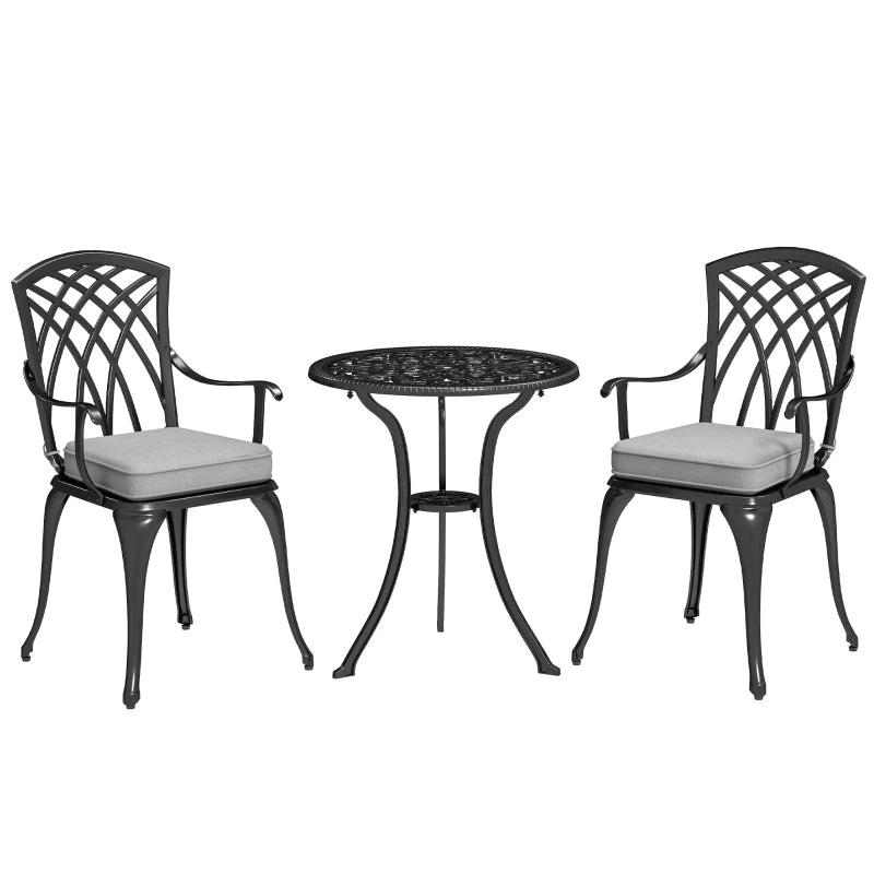 3 Piece Black Cast Aluminium Garden Bistro Set for 2 - Outdoor Coffee Table Set with Cushions, Rust Resistant, Parasol Hole, Perfect for Patio and Balcony