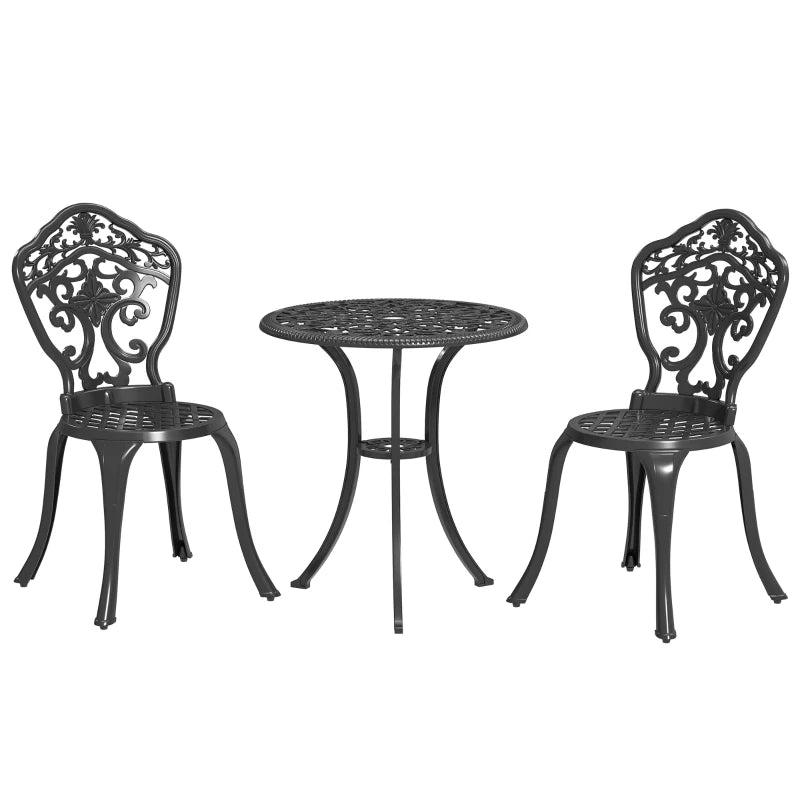 3 Piece Black Cast Aluminium Garden Bistro Set for 2 - Outdoor Coffee Table Set with Parasol Hole, Includes 2 Armless Chairs and Round Coffee Table for Balcony and Patio