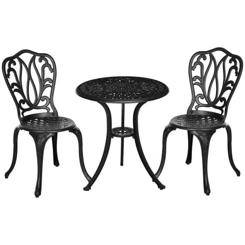 3 Piece Black Cast Aluminium Garden Bistro Set with Umbrella Hole - Outdoor Furniture for Balcony, Porch, Patio