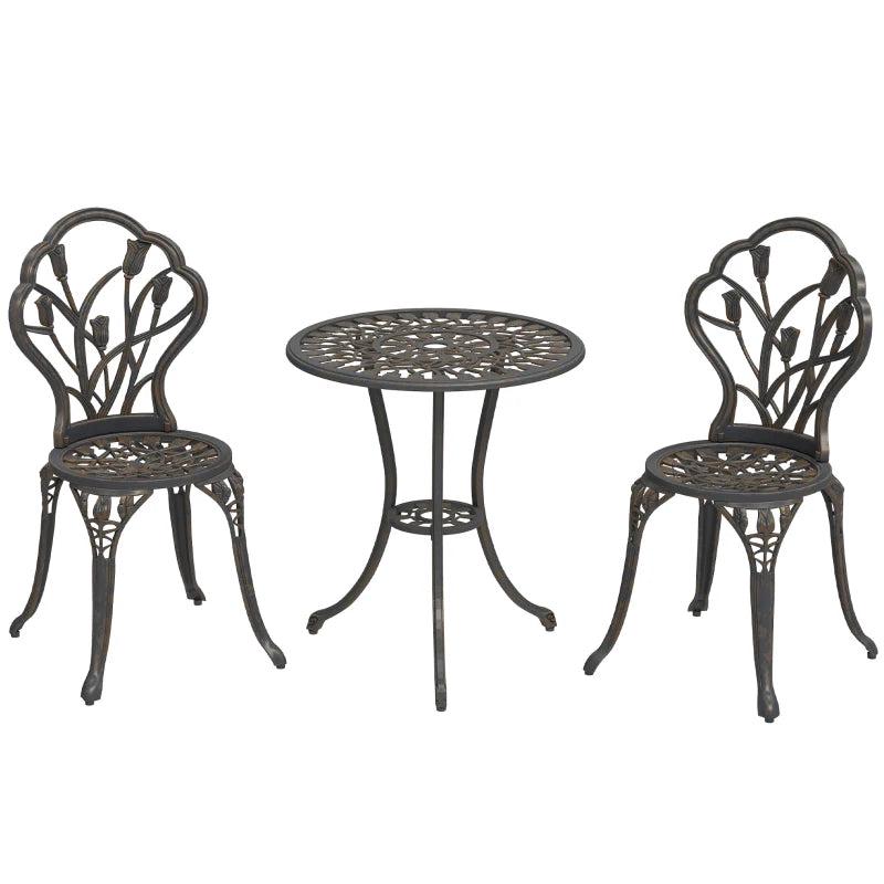 3 Piece Bronze Outdoor Patio Bistro Set for 2 - Aluminium Garden Table and Chairs with Umbrella Hole for Balcony