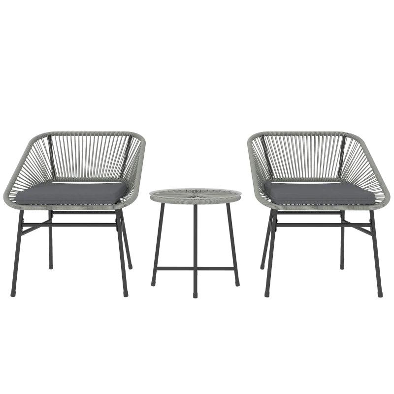 3-Piece Light Grey Rattan Bistro Set - Wicker Garden Table and Chairs with Cushions and Glass Top for Outdoor, Patio, Balcony