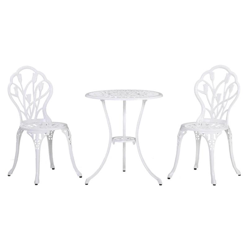 3 Piece White Patio Bistro Set for 2 - Outdoor Aluminium Garden Table and Chairs with Umbrella Hole for Balcony