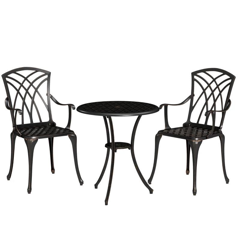 3 Pieces Bronze Tone Garden Dining Set for 2 - Cast Aluminium Outdoor Dining Set with 2 Armchairs and Round Table with Parasol Hole