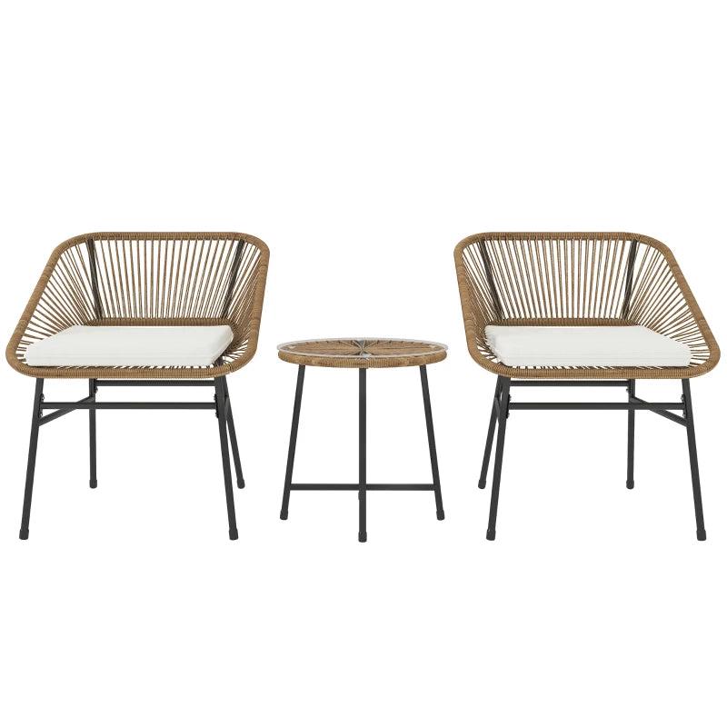 3 Pieces Rattan Bistro Set - Small Garden Table and Chairs with Cushions, Glass Top Coffee Table - Natural Wicker Outdoor Furniture for Patio and Balcony