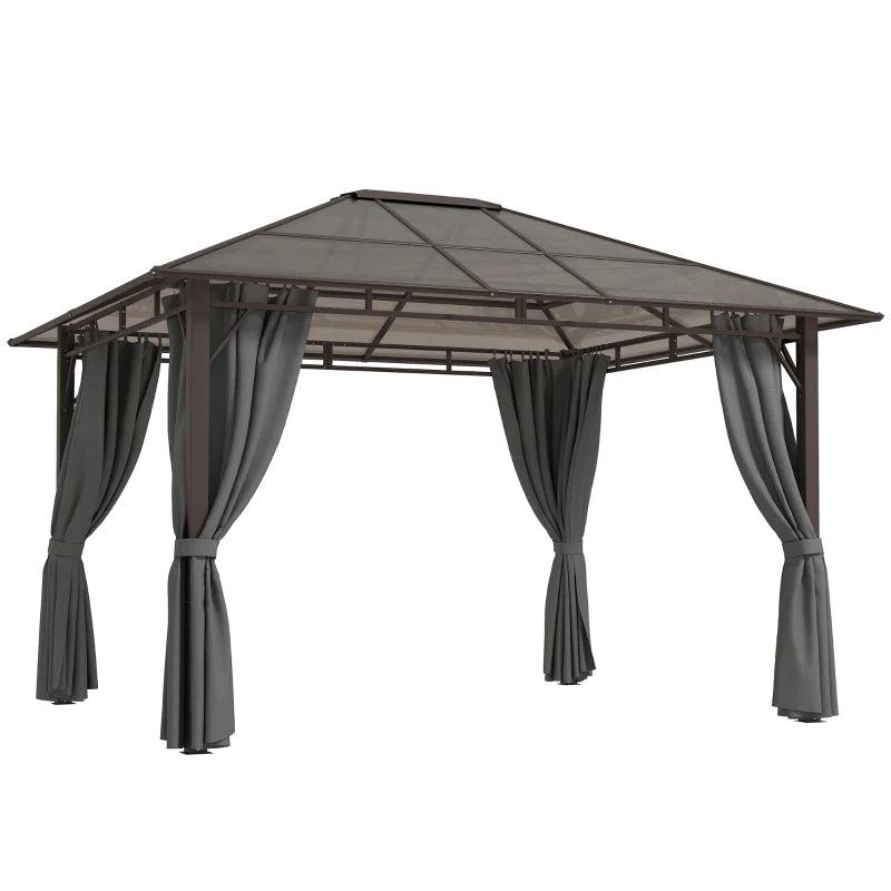 3 x 3.6m Hardtop Gazebo Canopy - Dark Grey Polycarbonate Roof Garden Pavilion with Removable Curtains and Steel Frame