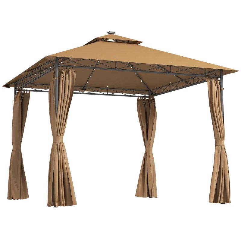 3 x 3 m Brown Garden Gazebo with Double Roof, Curtains & Solar-Powered LED Lights - Outdoor Canopy Shelter for Patio & Deck