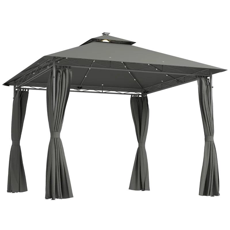 3 x 3 m Dark Grey Garden Gazebo with Double Roof, Curtains & Solar-Powered LED Lights - Outdoor Canopy Shelter for Patio & Deck