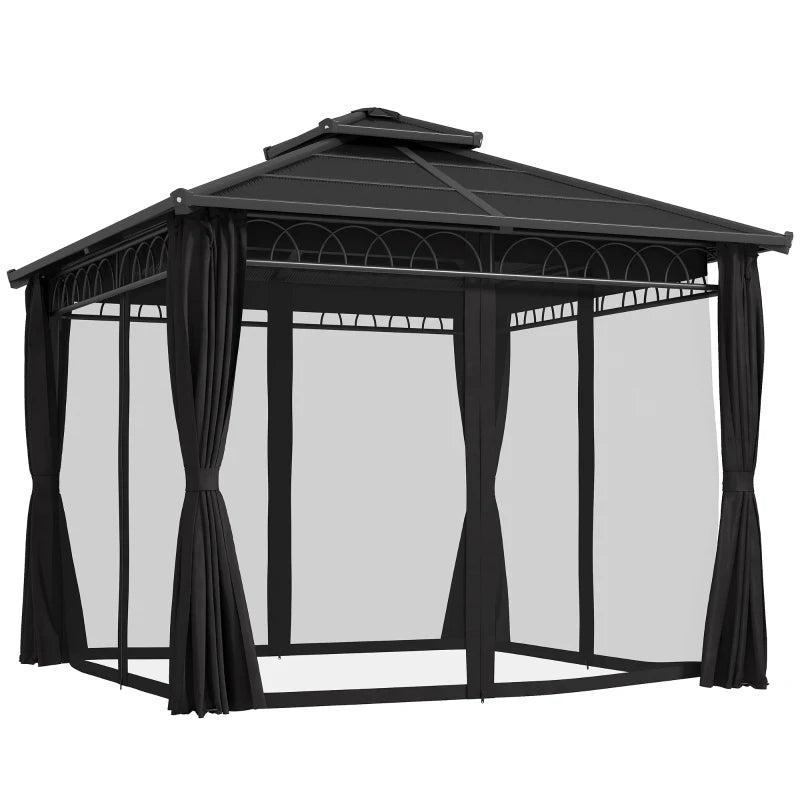 3 x 3 m Dark Grey Outdoor Polycarbonate Gazebo - Double Roof Hard Top with Galvanised Steel Frame, Nettings & Curtains for Garden, Lawn, Patio and Deck